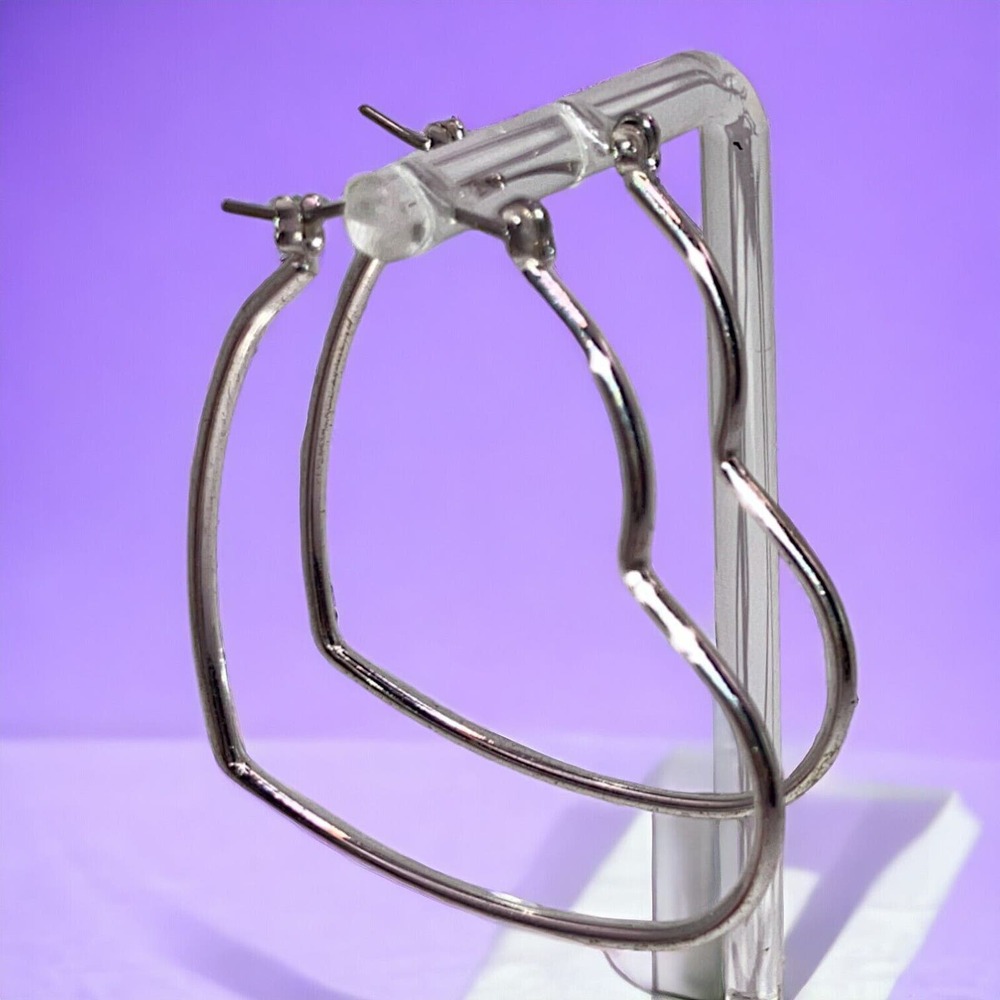 Thin Large Heart Silver-Tone Hoop 1 7/8" Earrings!
